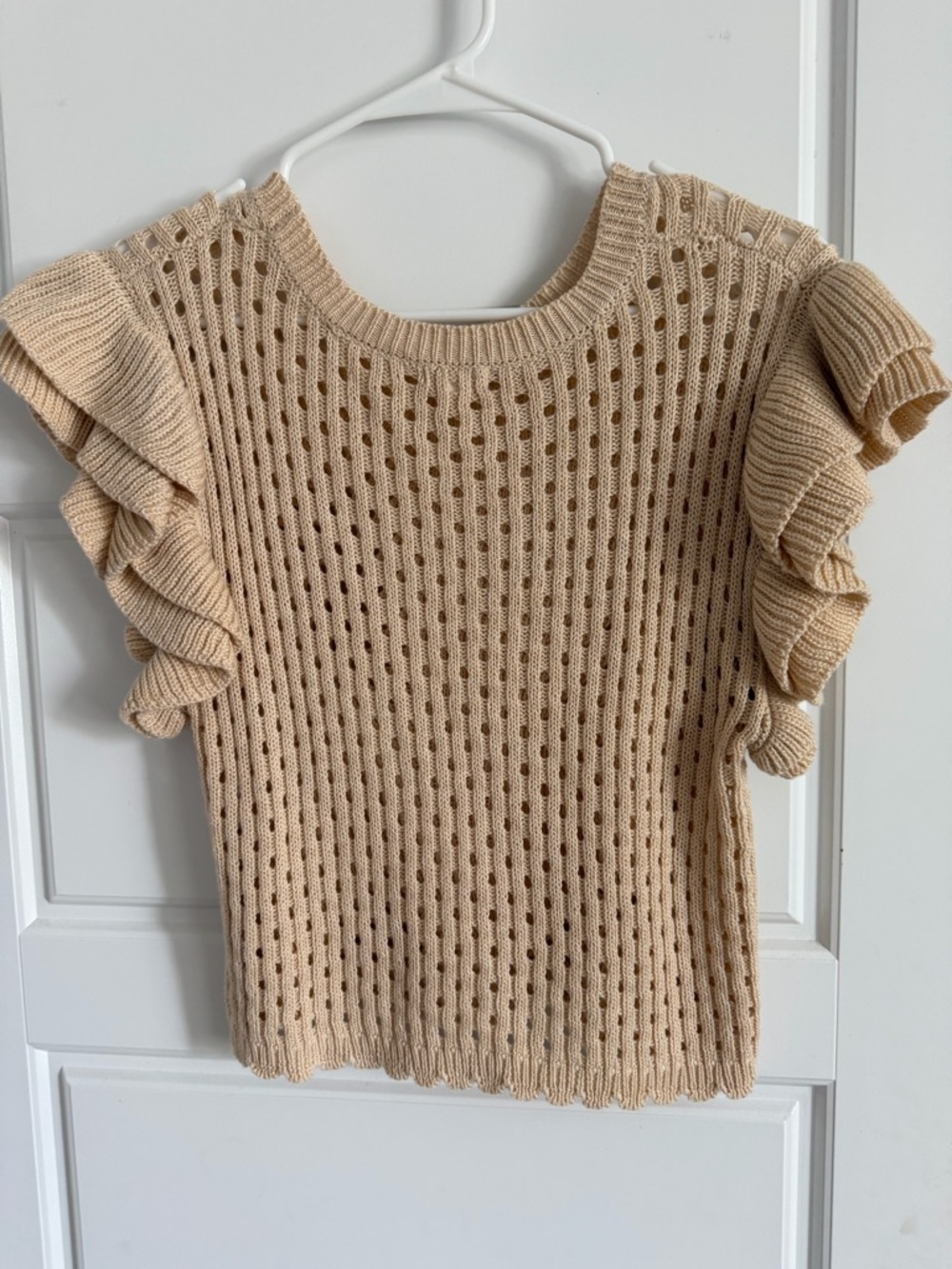 Beige Ruffle Sleeve Knit Sweater Top - Women's